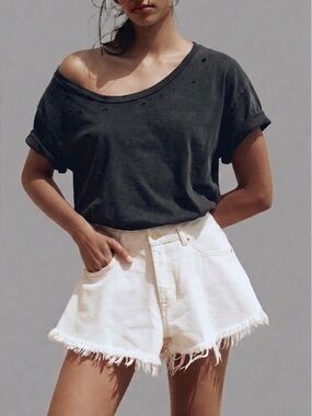 Weworewhat High Waisted Denim Flare Bell Shorts in White Frayed Raw Cut Hem